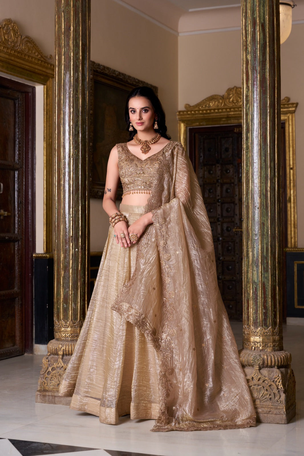FEALDEAL Golden Crushed Lehenga Choli – a luxurious lehenga dress for women & girls. Perfect for weddings, parties & traditional events.